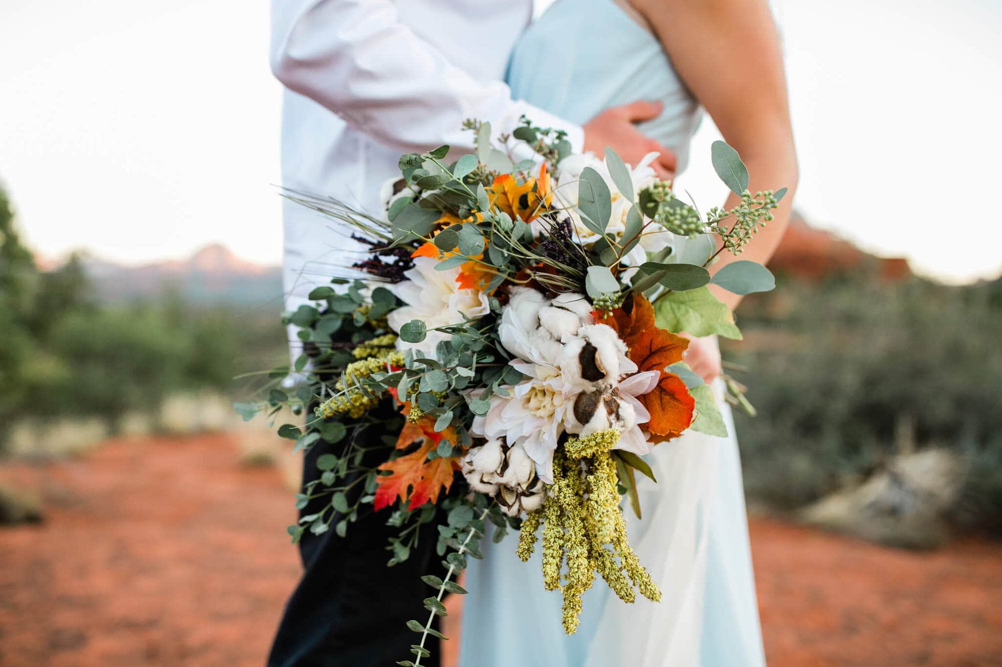 A closeup of a wild elopement bouquet.