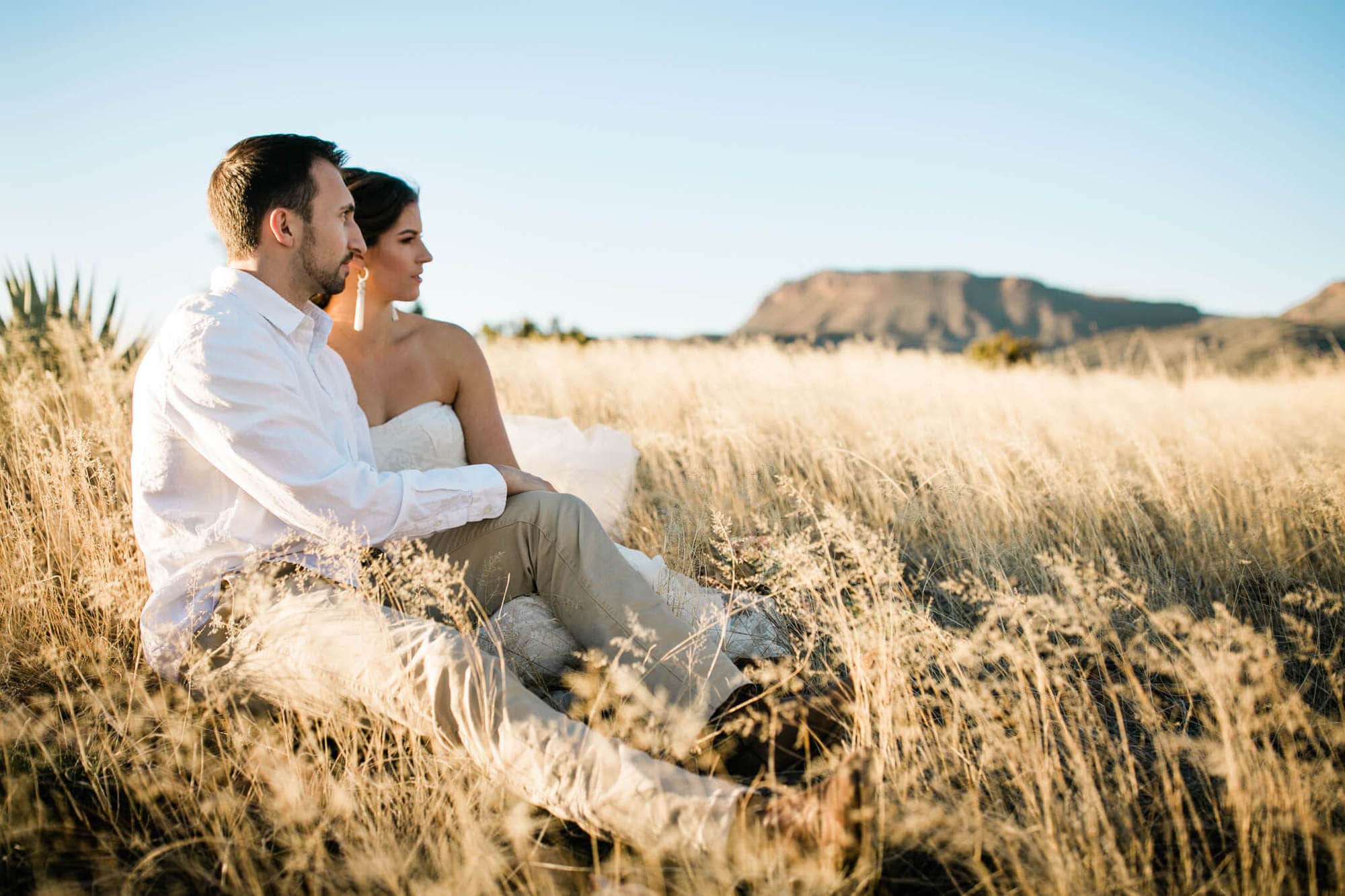 Sitting in a field of dried grass, the bride and groom look out into the field. 