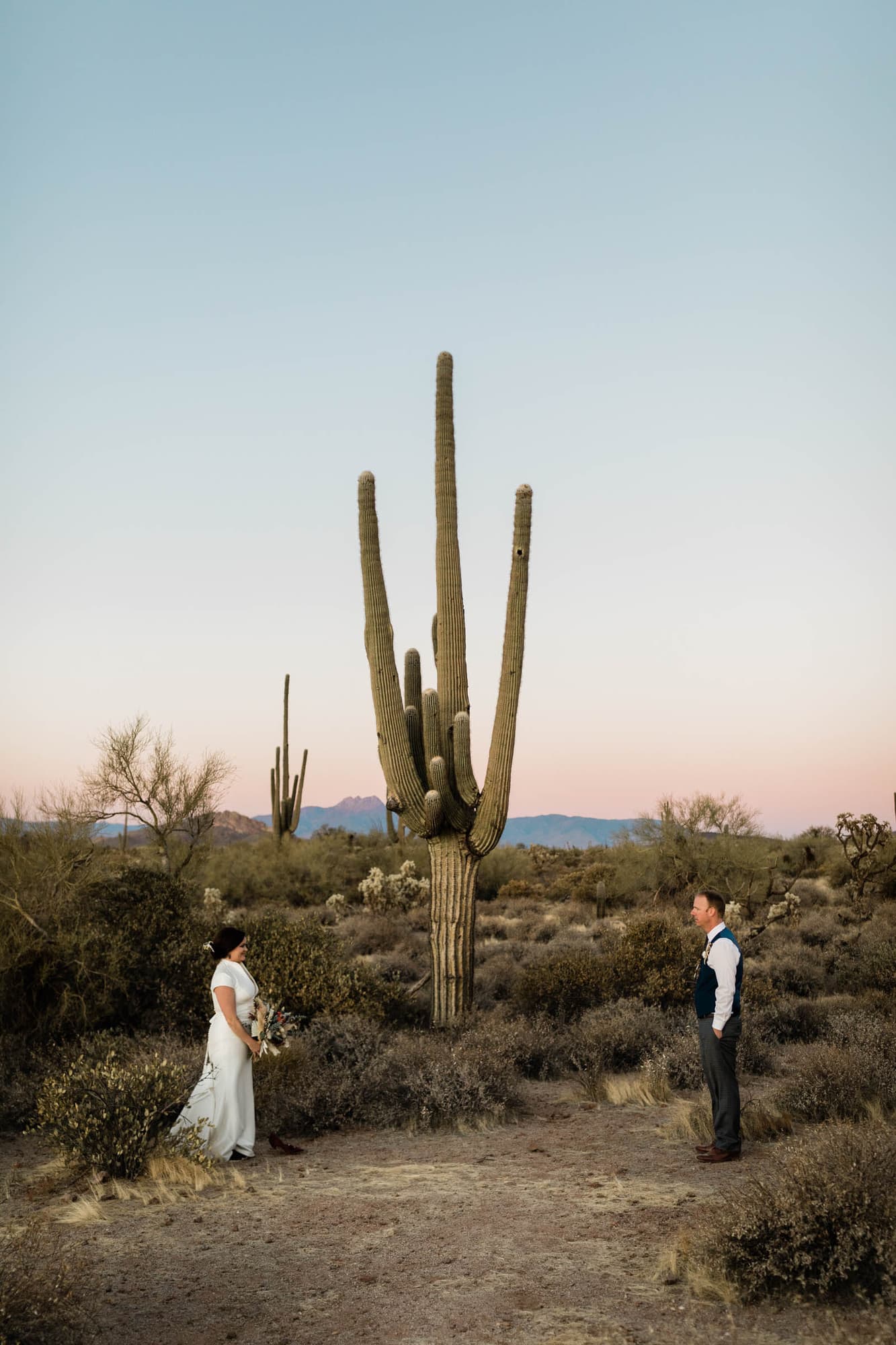 newlyweds standing by a large cactus in Arizona.