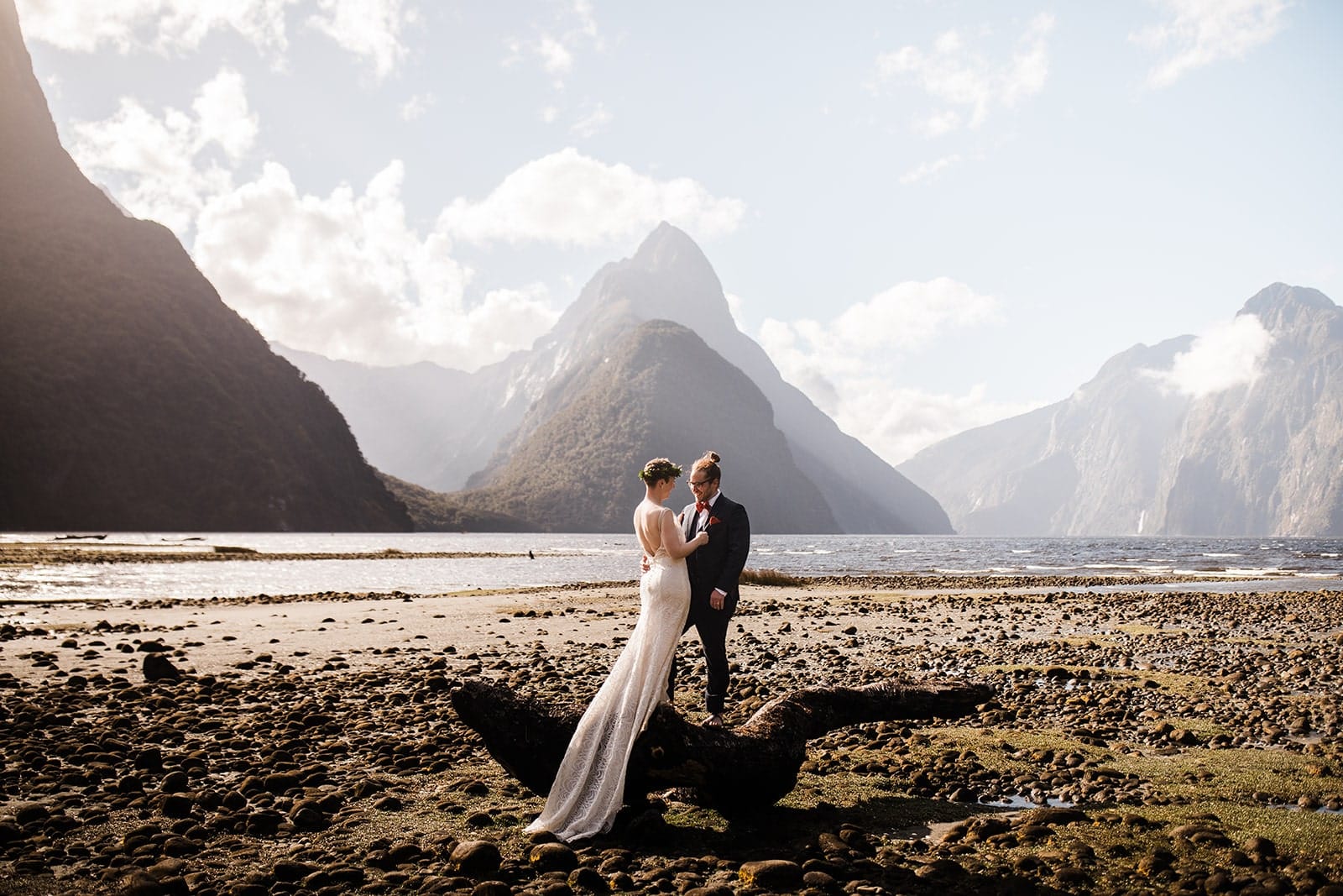 Bride and groom elopement photos at Milford Sound