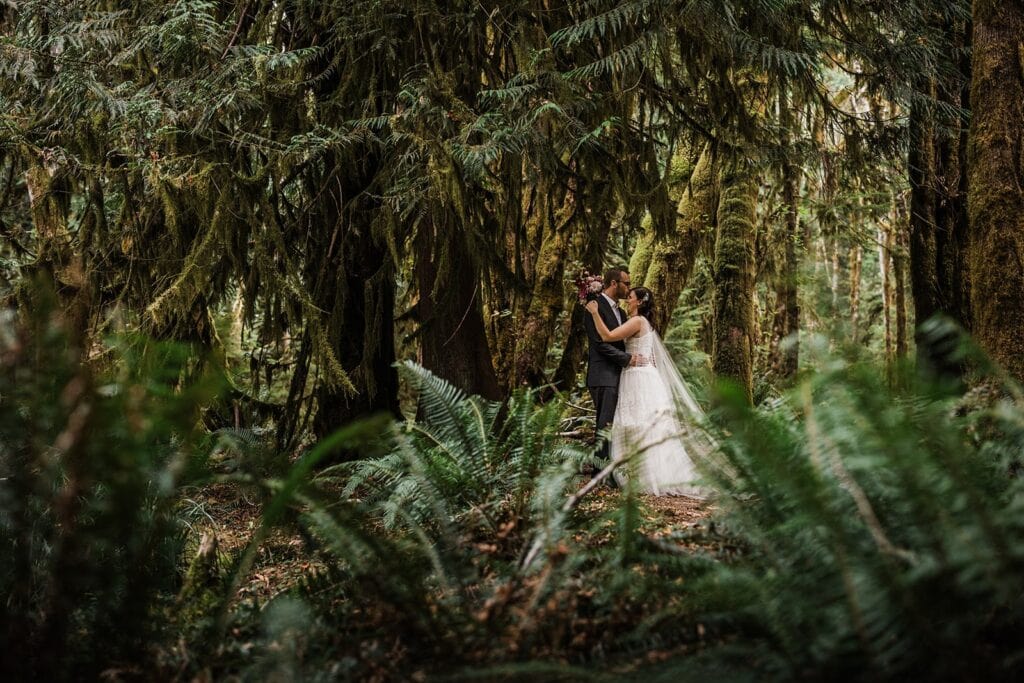 Bride and groom kiss in the forest while eloping in Olympic National Park