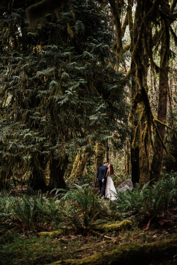 Bride and groom kiss during their Hoh Rainforest elopement in Olympic National Park