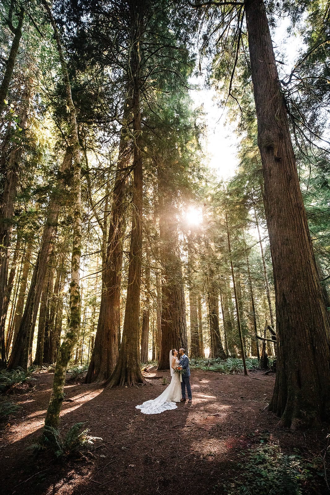newlyweds holding hands in the middle of a forest as they elope in Washington.